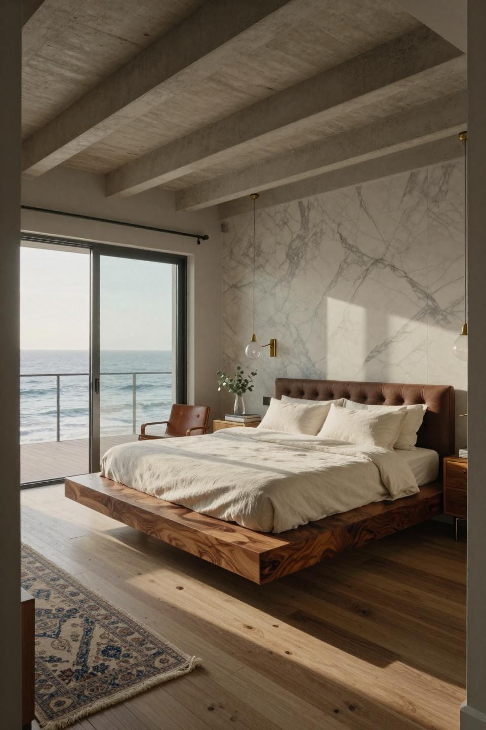 Luxury penthouse apartment with walnut burl bed and Calacatta marble accent wall
