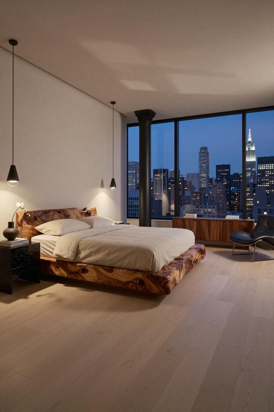 NYC penthouse bedroom with walnut burl platform and honed granite nightstands