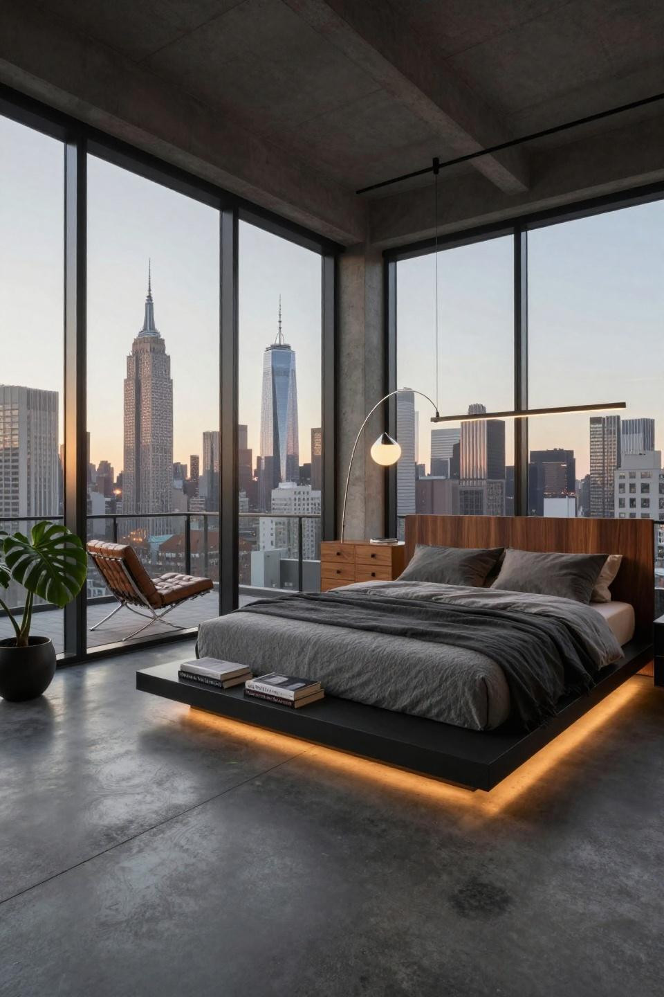 Luxury penthouse aesthetic with blackened steel bed frame and polished concrete
