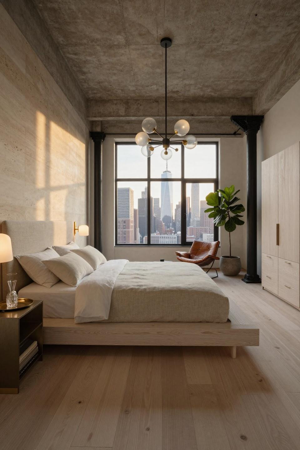 Cozy penthouse apartment with cerused oak bed and limestone feature wall
