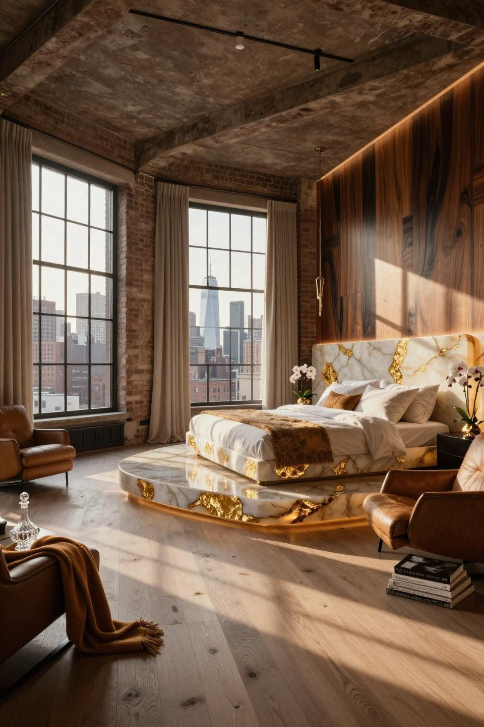 Luxury penthouse bedroom with backlit honey onyx and 24k gold leaf inlay