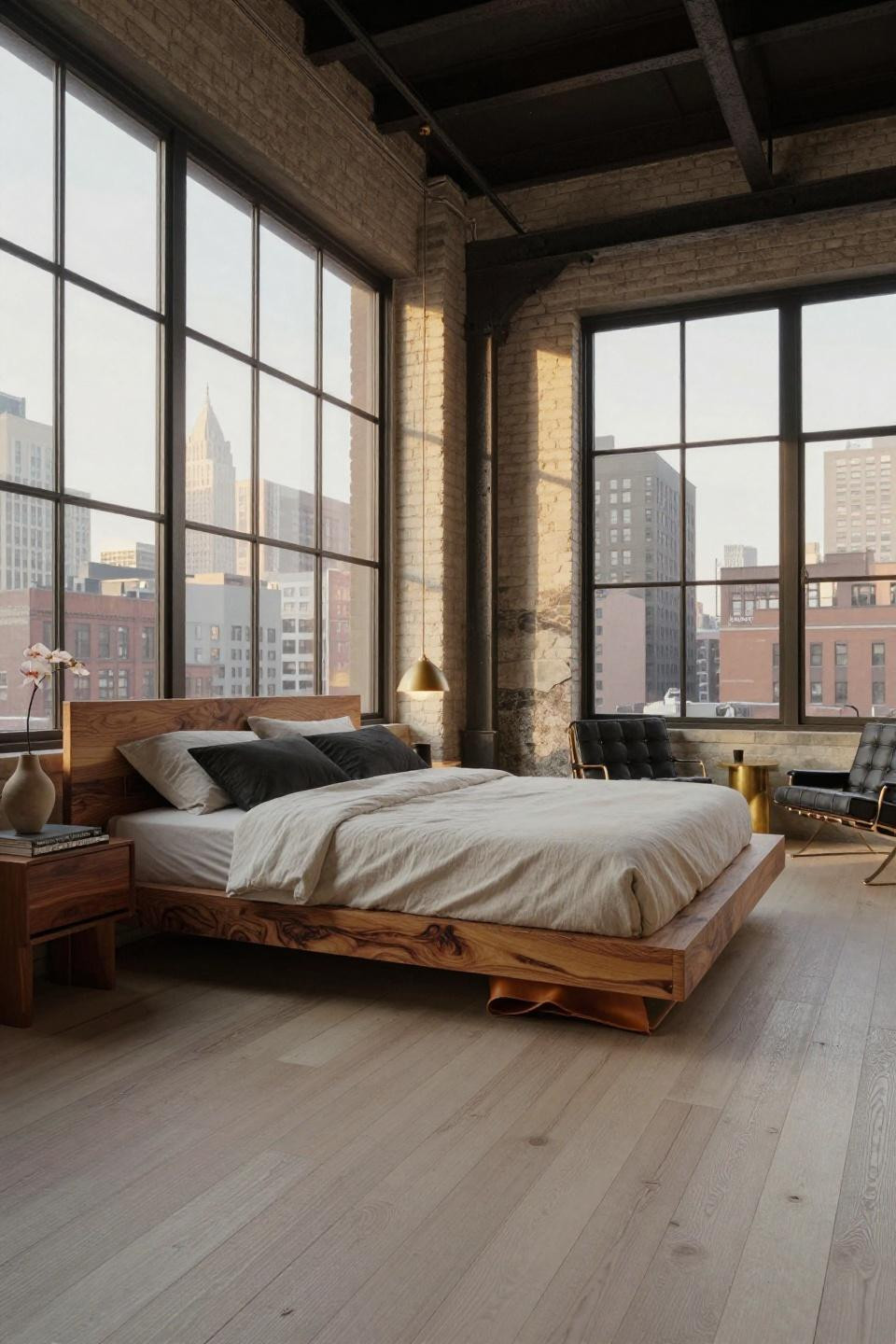 NYC penthouse bedroom with book-matched walnut burl bed and white brick walls