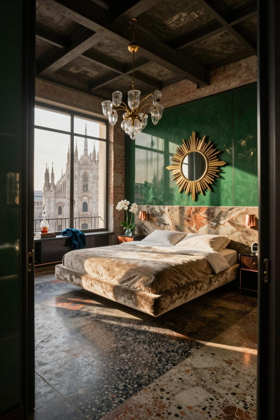 Luxury penthouse bedroom with bronze quartzite headboard and emerald lacquer walls