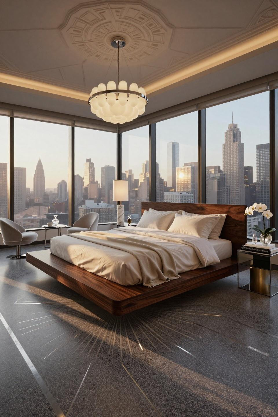 Luxury penthouse apartment featuring Macassar ebony bed with terrazzo flooring