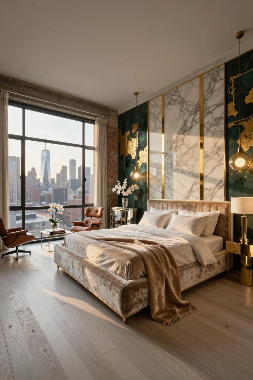 NYC penthouse aesthetic with champagne velvet bed and brass accents