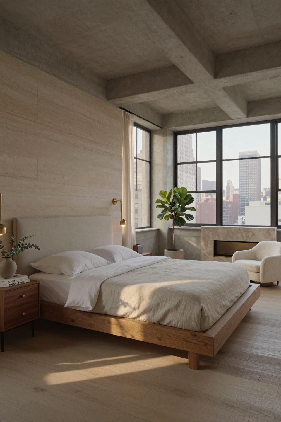 Luxury penthouse aesthetic featuring cerused oak bed and limestone fireplace