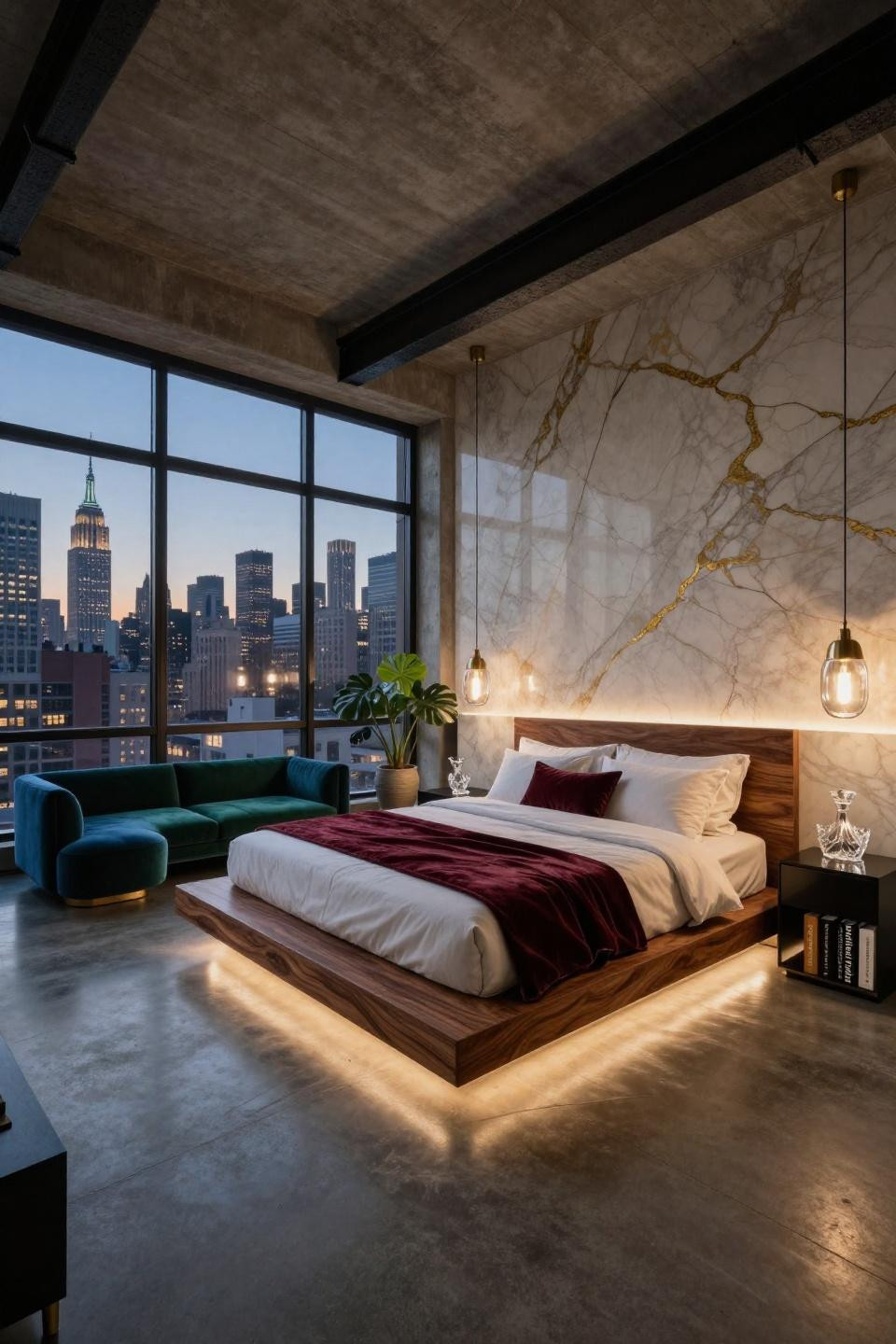 Luxury bedroom master with floating walnut platform and Manhattan skyline views