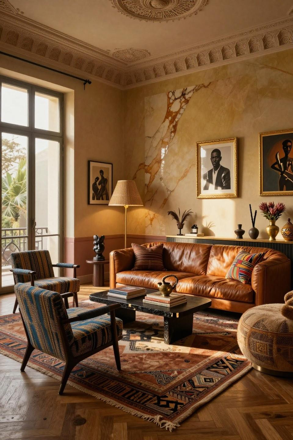 Afrocentric living room with curved cognac leather sofa and ebony gold leaf inlay