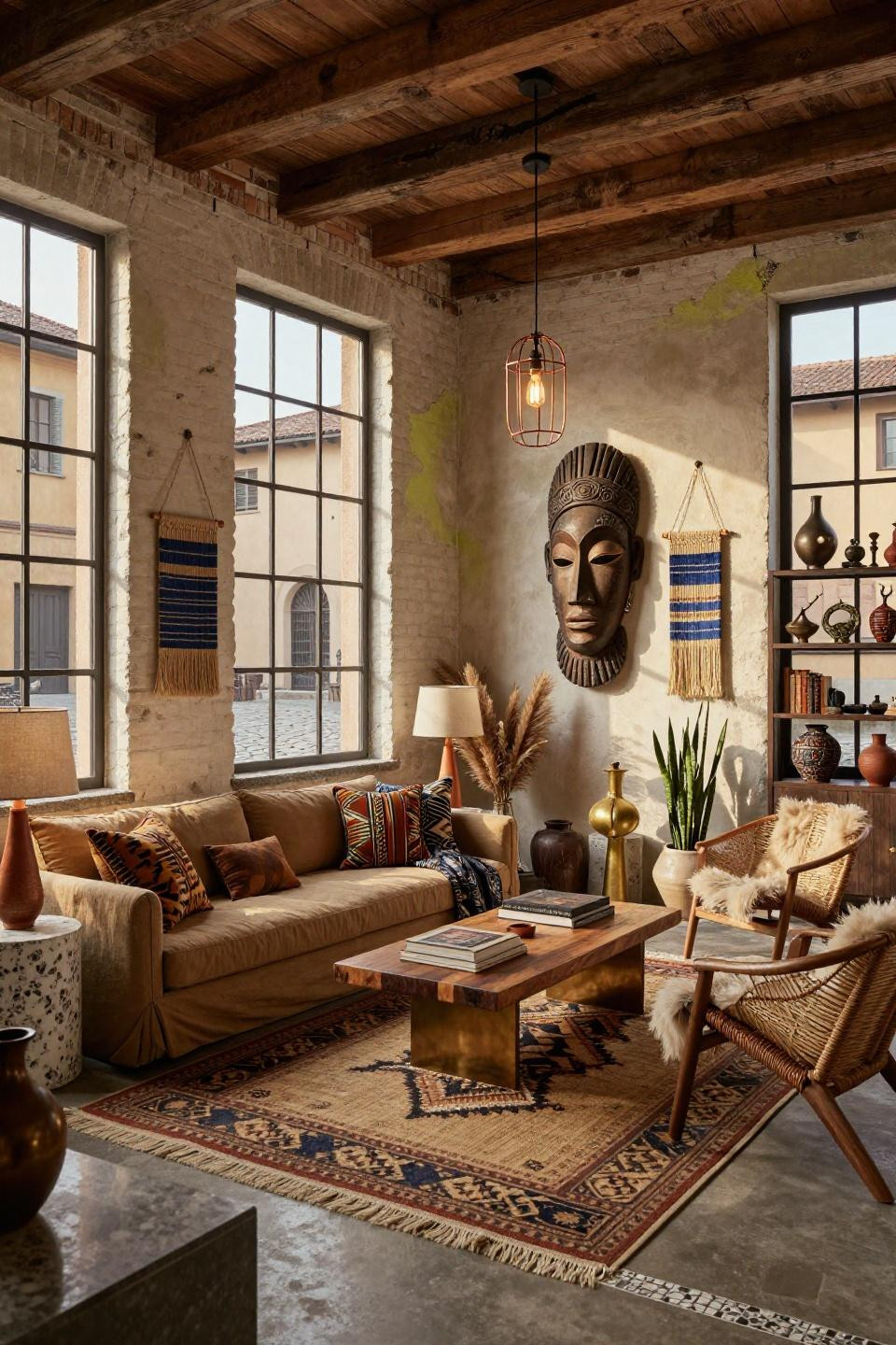 Earthy boho living room with hand-carved African tribal mask collection