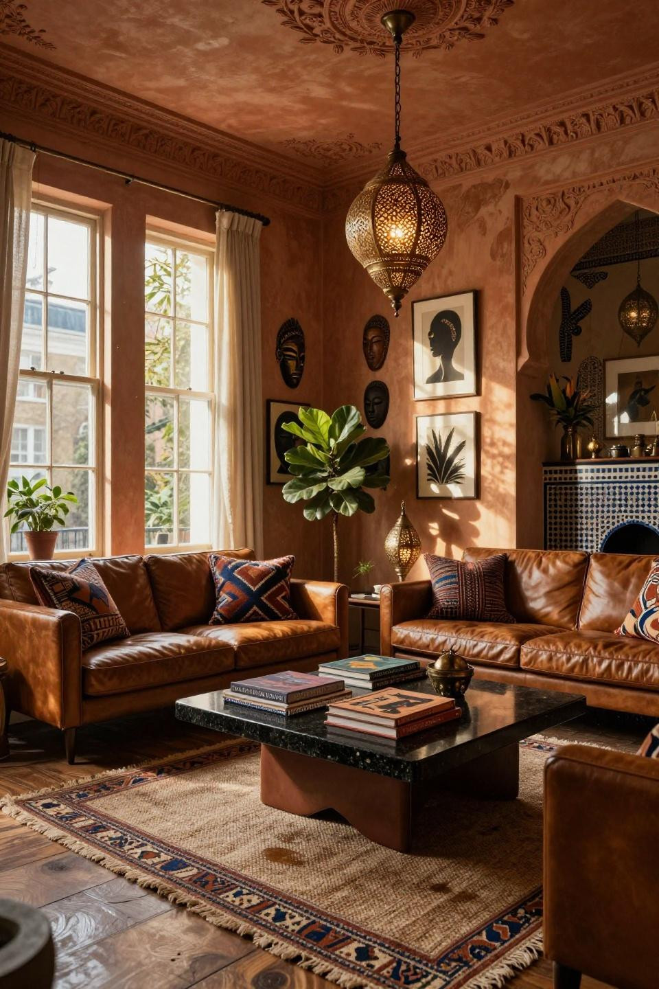 Afrobohemian home decor with tadelakt plaster walls and hand-carved African masks