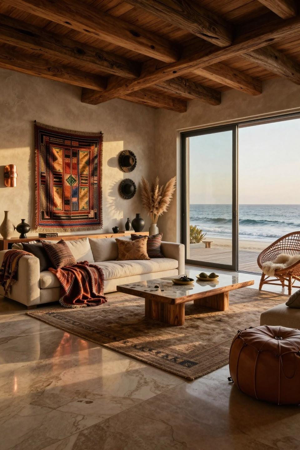 Afro boho decor with hand-woven Kuba cloth and honed quartzite floors