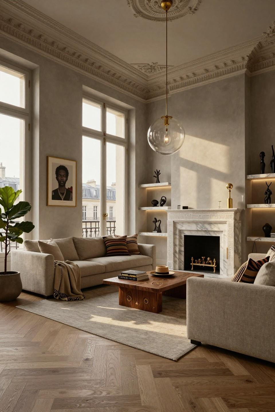 Afro chic home decor with book-matched Calacatta Gold marble and Kuba textiles