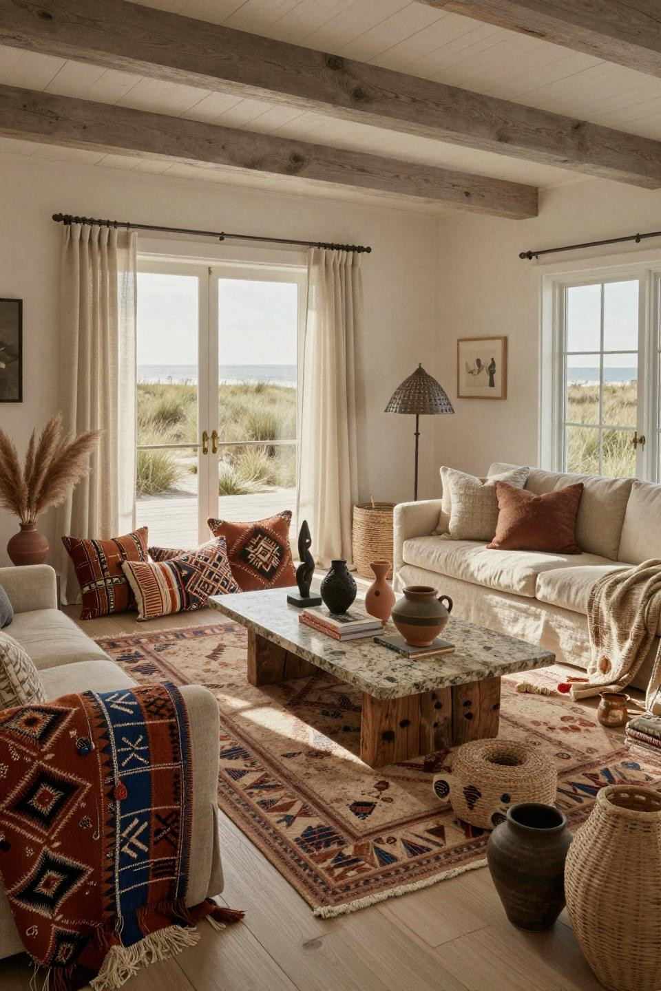 Afrocentric decor with hand-woven Moroccan wedding blankets and mudcloth pillows