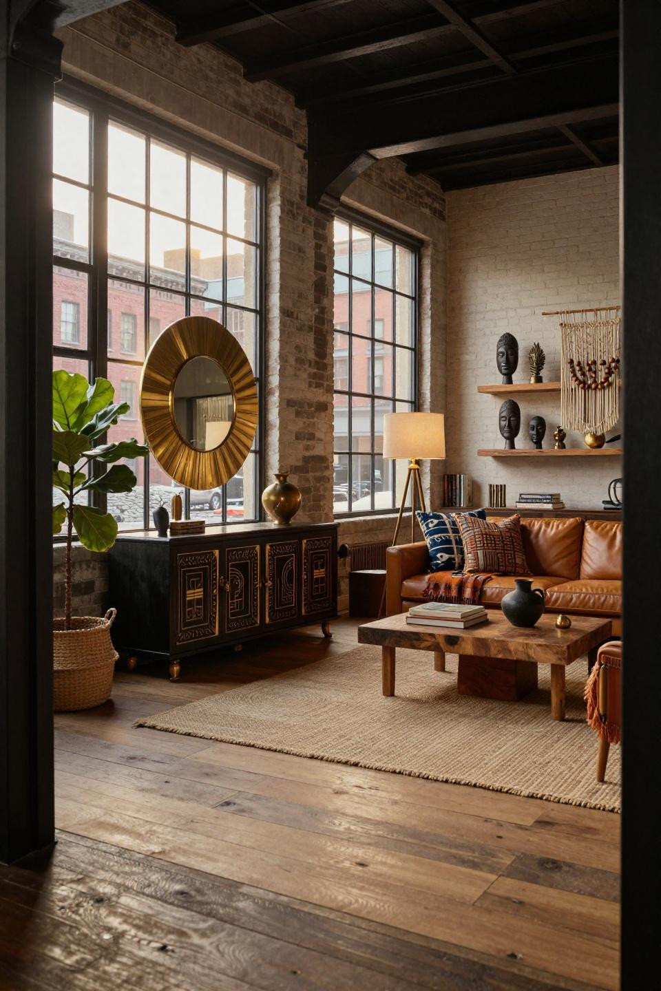 Afrocentric living room with hand-carved ebony console and Art Deco brass mirror