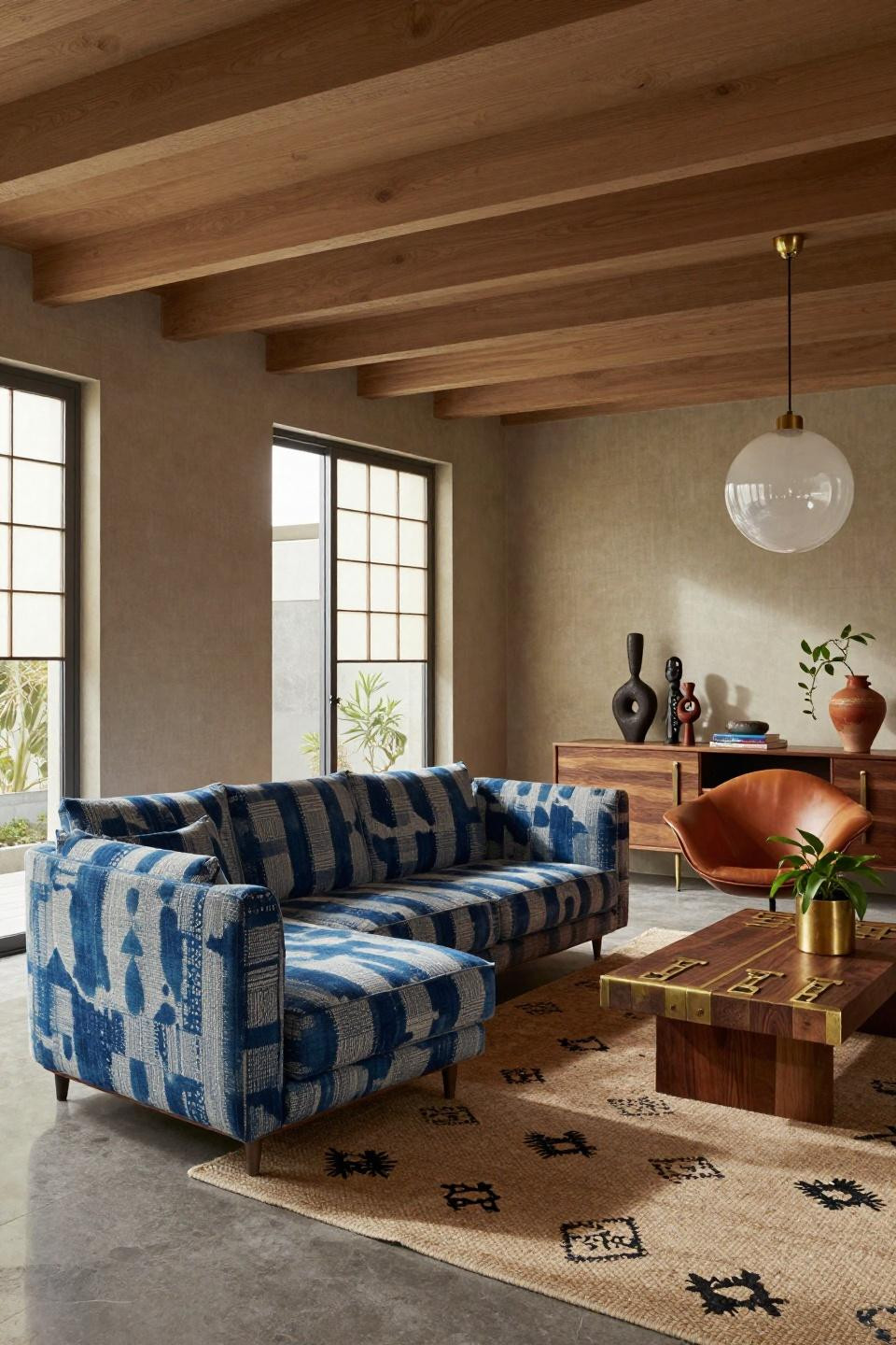 Earthy boho living room with indigo mudcloth reupholstered B&B Italia sofa