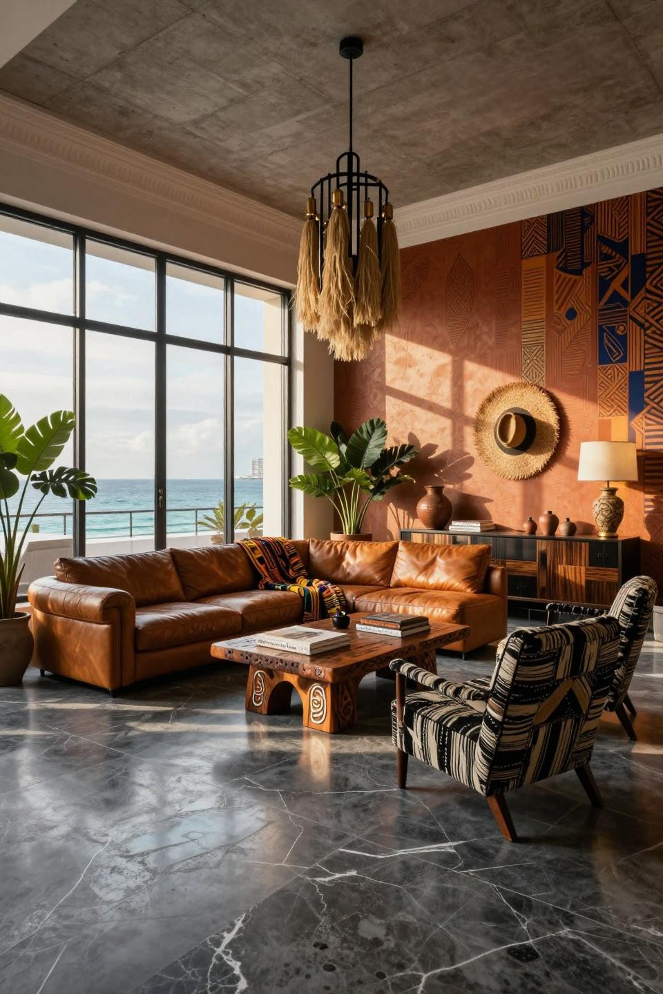 Afrobohemian home decor with hand-painted Ndebele patterns and Art Deco crown molding