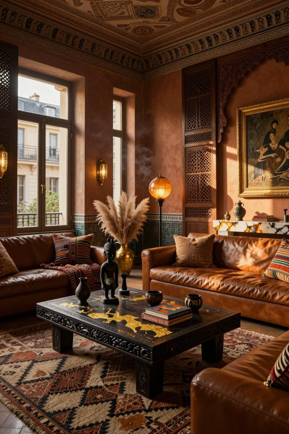 Black boho decor with hand-carved ebony coffee table and 24k gold leaf inlay