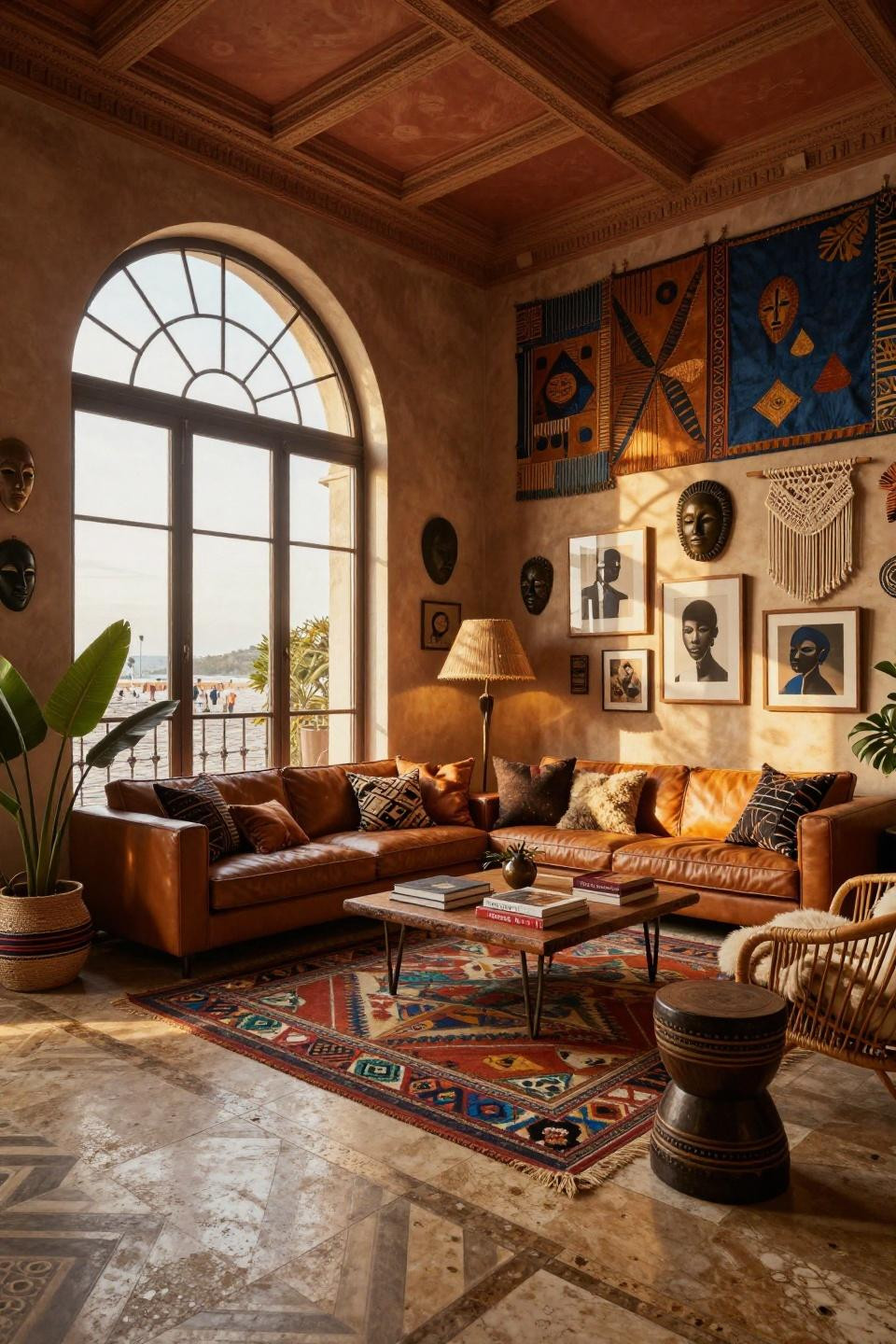 Afro boho bedroom with travertine bronze inlay floors and vintage Moroccan rugs