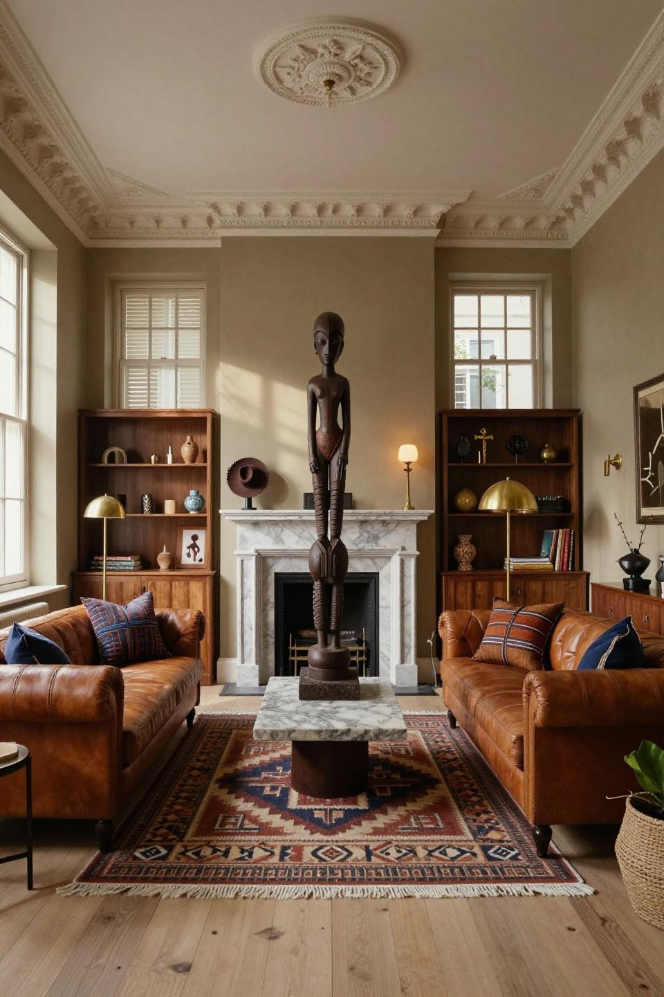 Afro boho decor with hand-carved Makonde sculpture and Chesterfield cognac leather