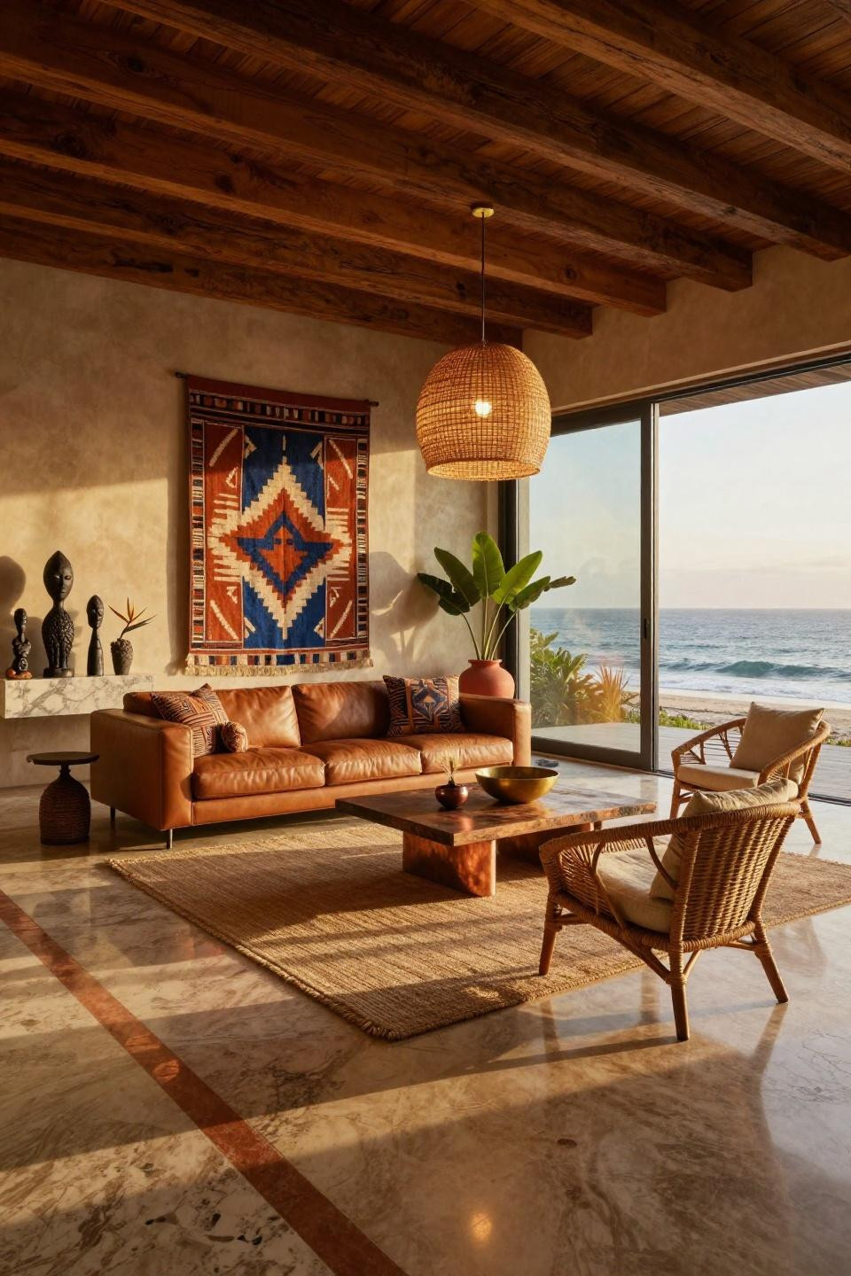 Afro chic home decor with hand-woven mudcloth wall art and honey quartzite floors