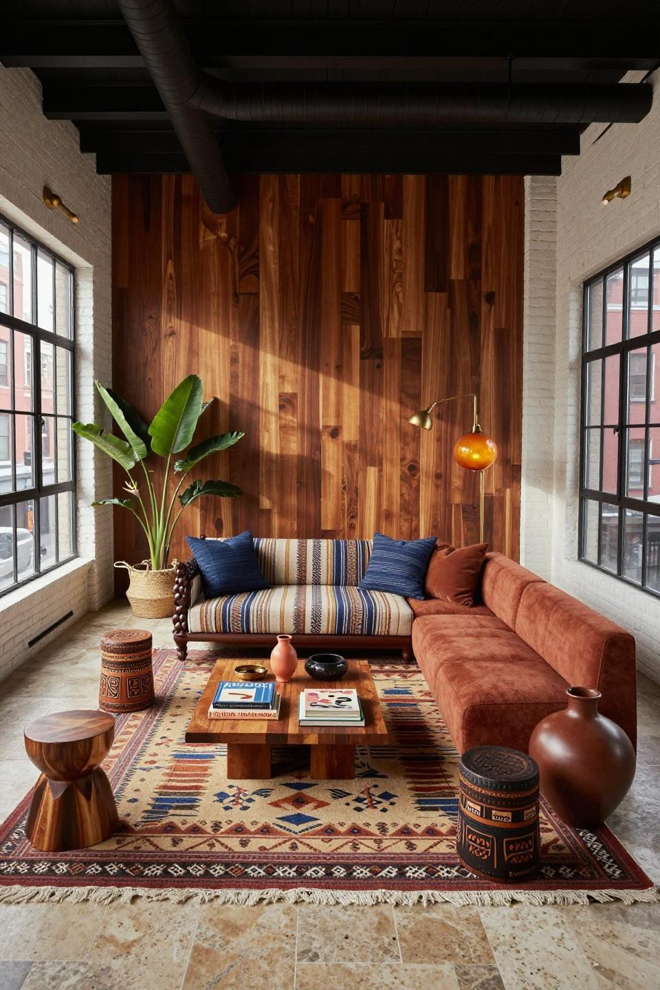 Afrocentric decor with hand-carved Makonde daybed and layered Kuba textiles