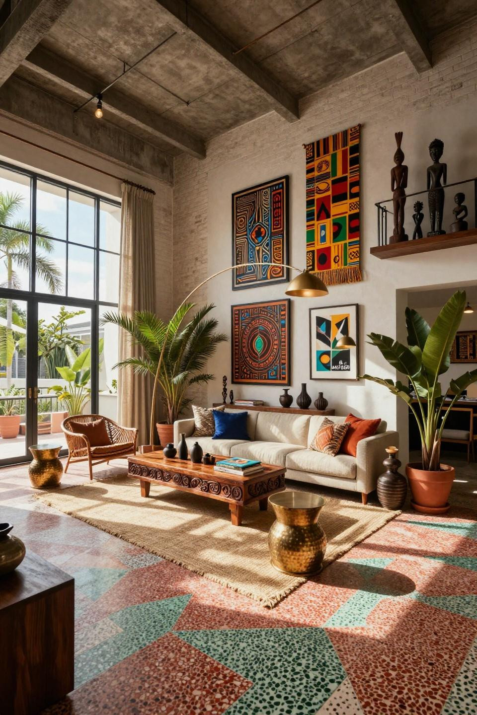 Afro modern decor with custom mudcloth sectional and polished concrete floors