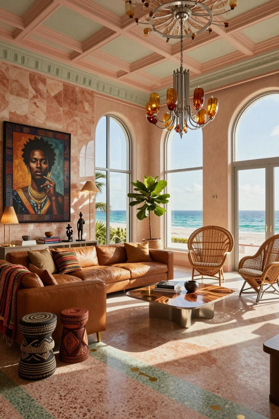 Afrocentric living room with hand-carved mahogany console and modern Lagos photography