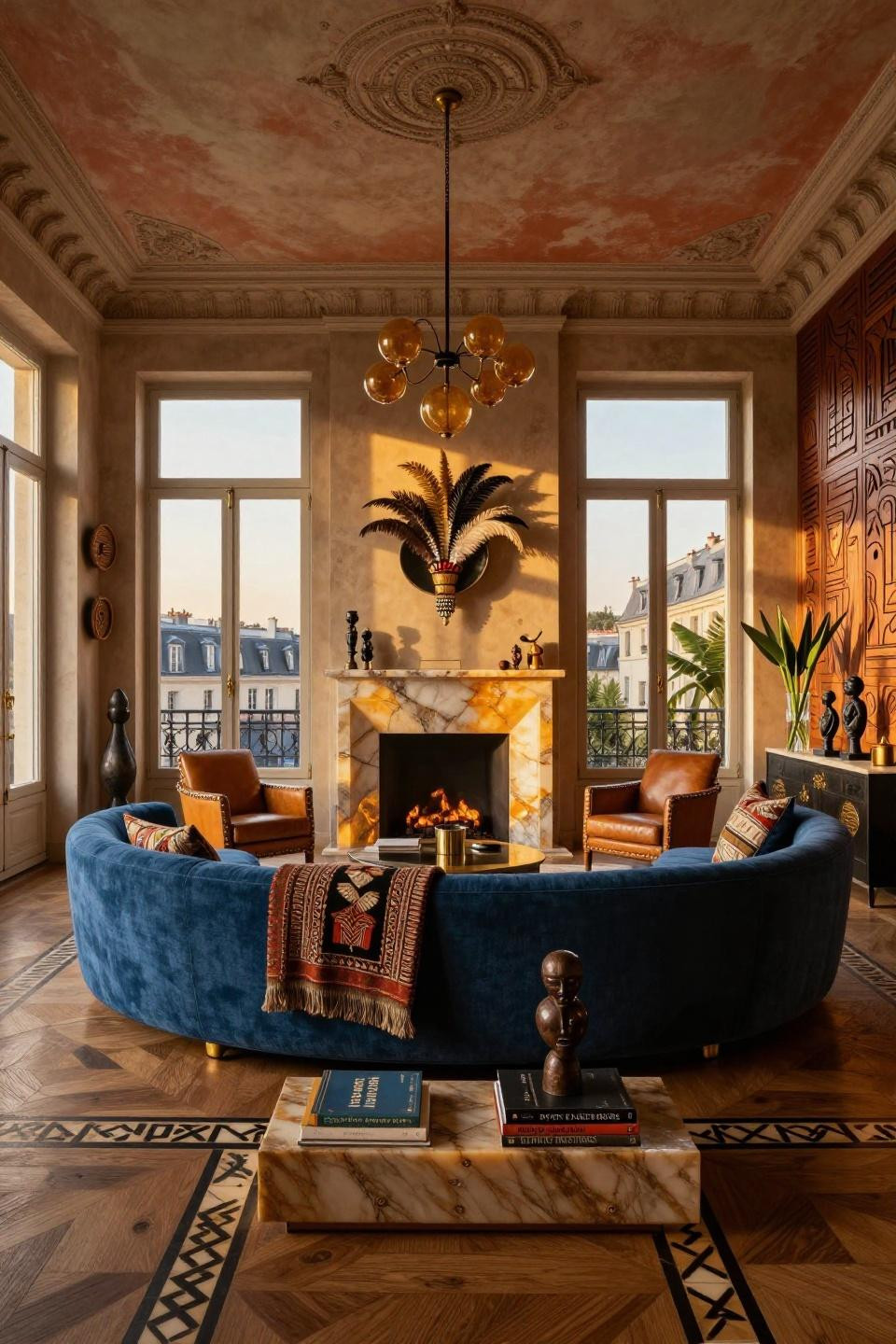 Afrobohemian home decor with backlit honey onyx fireplace and Nigerian indigo textiles