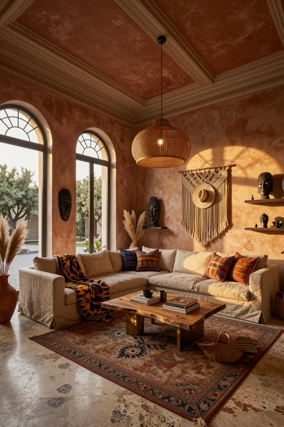 Afro Boho living room with Kente cloth textiles and travertine floors in Milanese villa