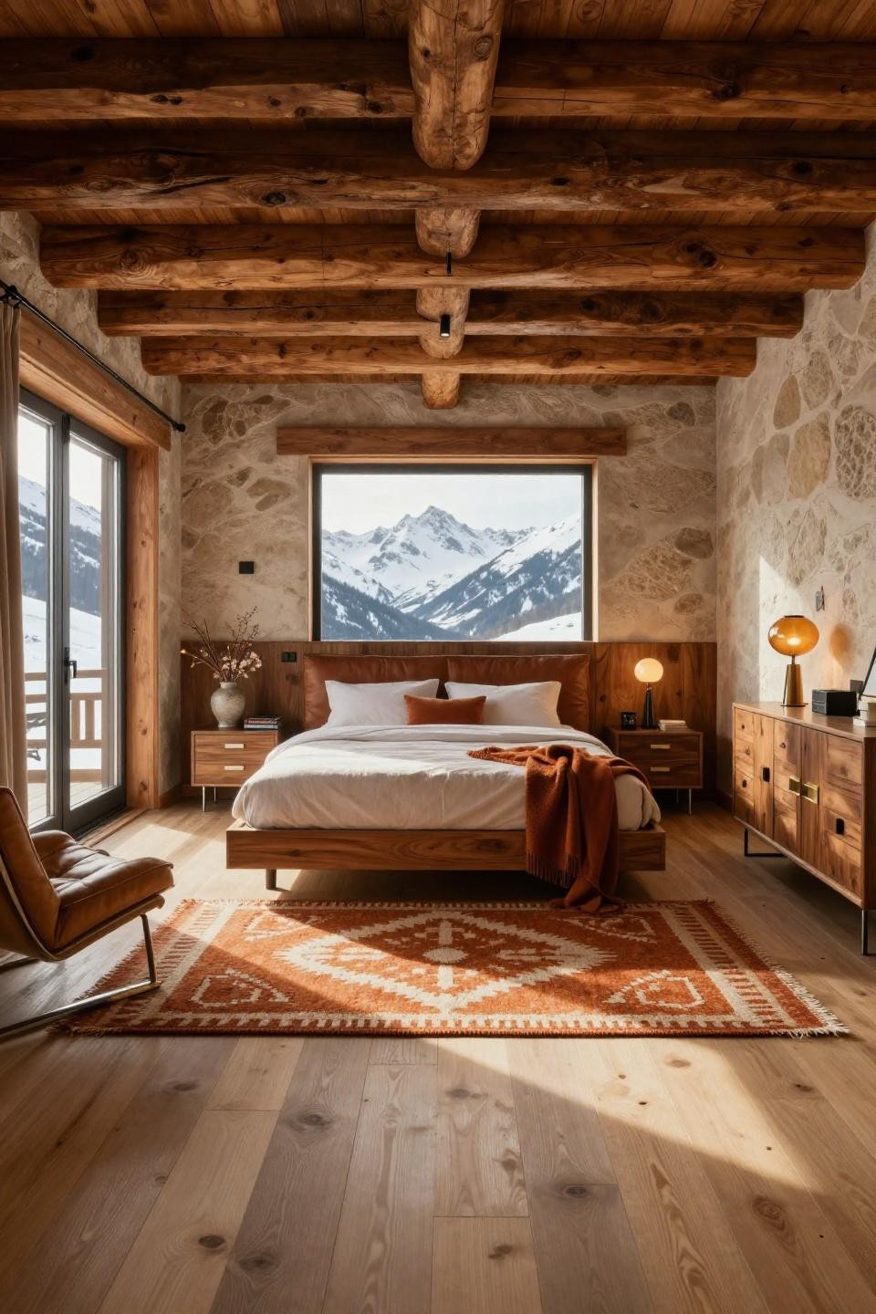 1970s bedroom in Swiss Alps with walnut platform bed and reclaimed Douglas fir beams