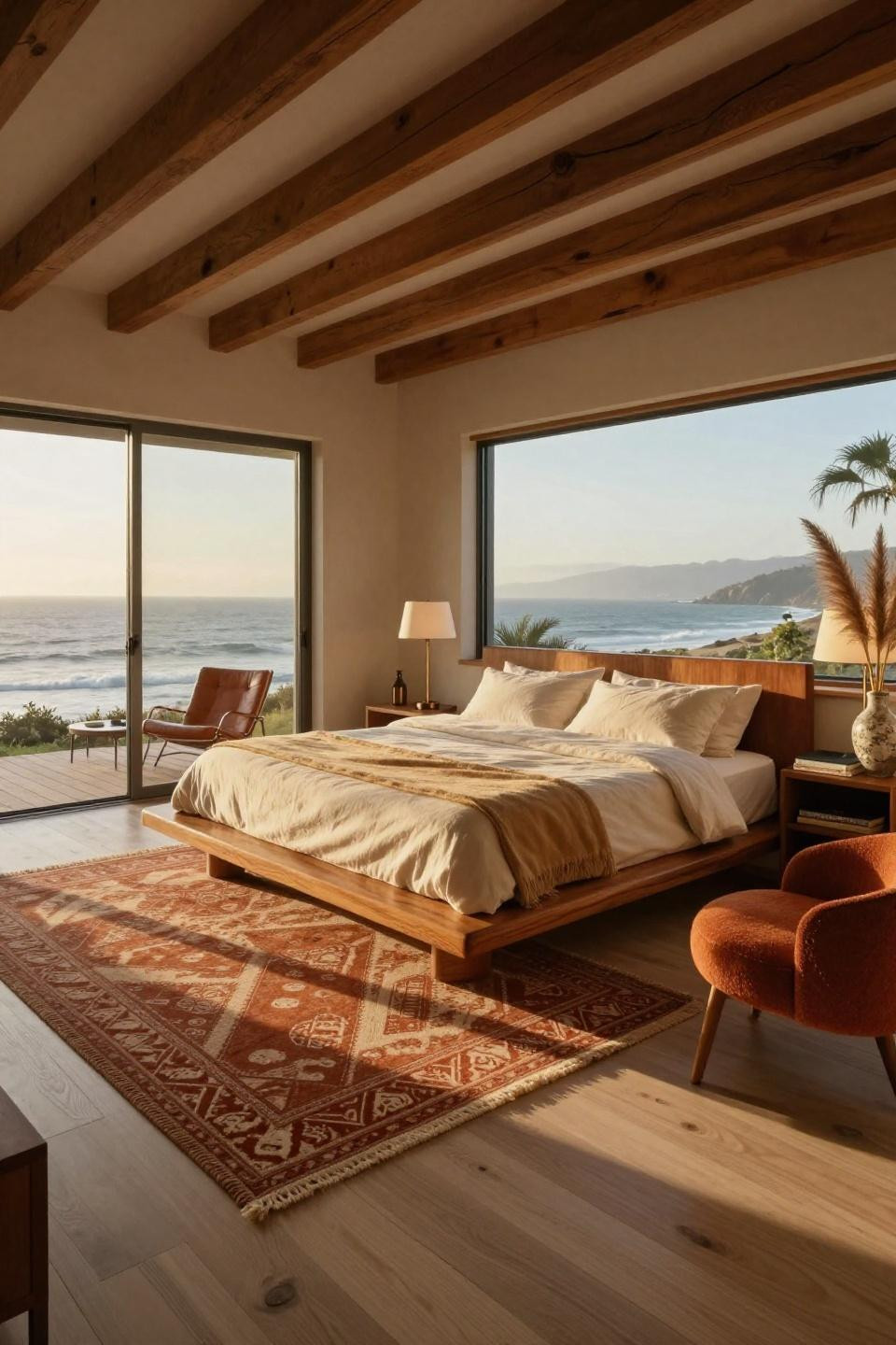 1970s bedroom in Malibu with Sergio Rodrigues Brazilian rosewood platform bed