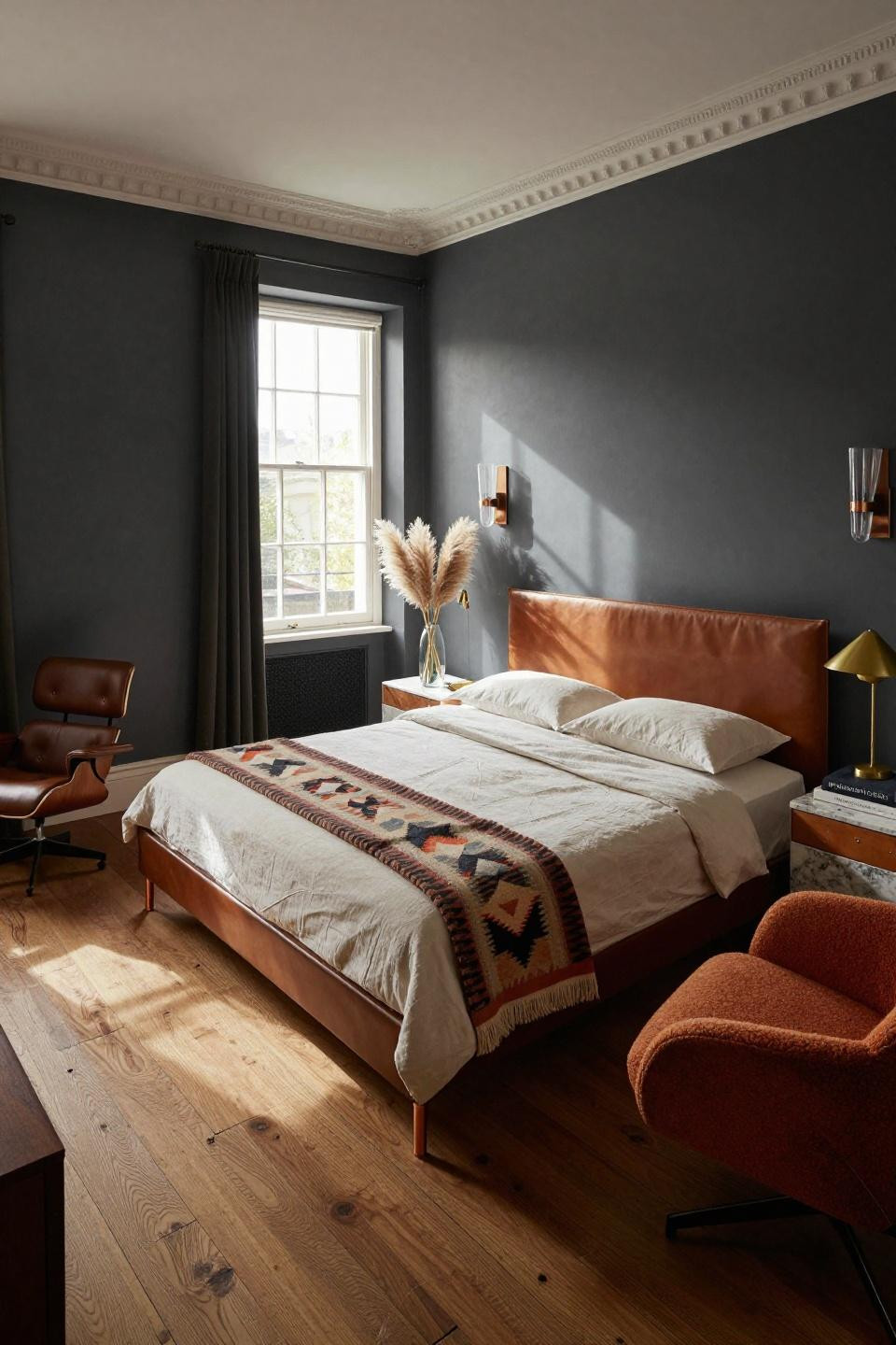 1970s bedroom in London with George Nelson Thin Edge bed and quartzite nightstands