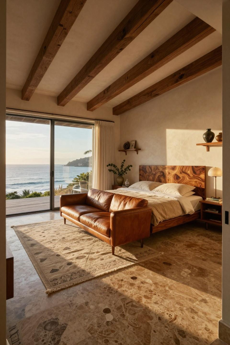 1970s bedroom in Malibu with custom walnut platform bed and travertine floors