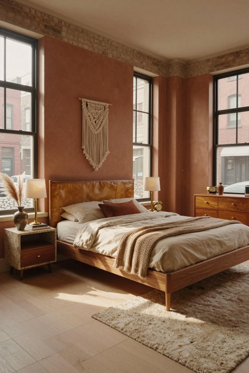 1970s bedroom in Tribeca with walnut platform bed and terracotta walls