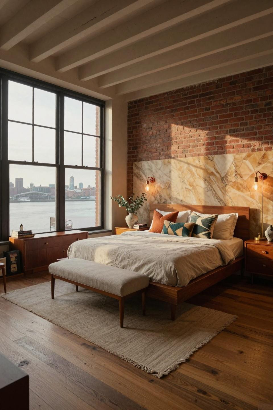 1970s bedroom in Tribeca with teak platform bed and exposed brick accent wall