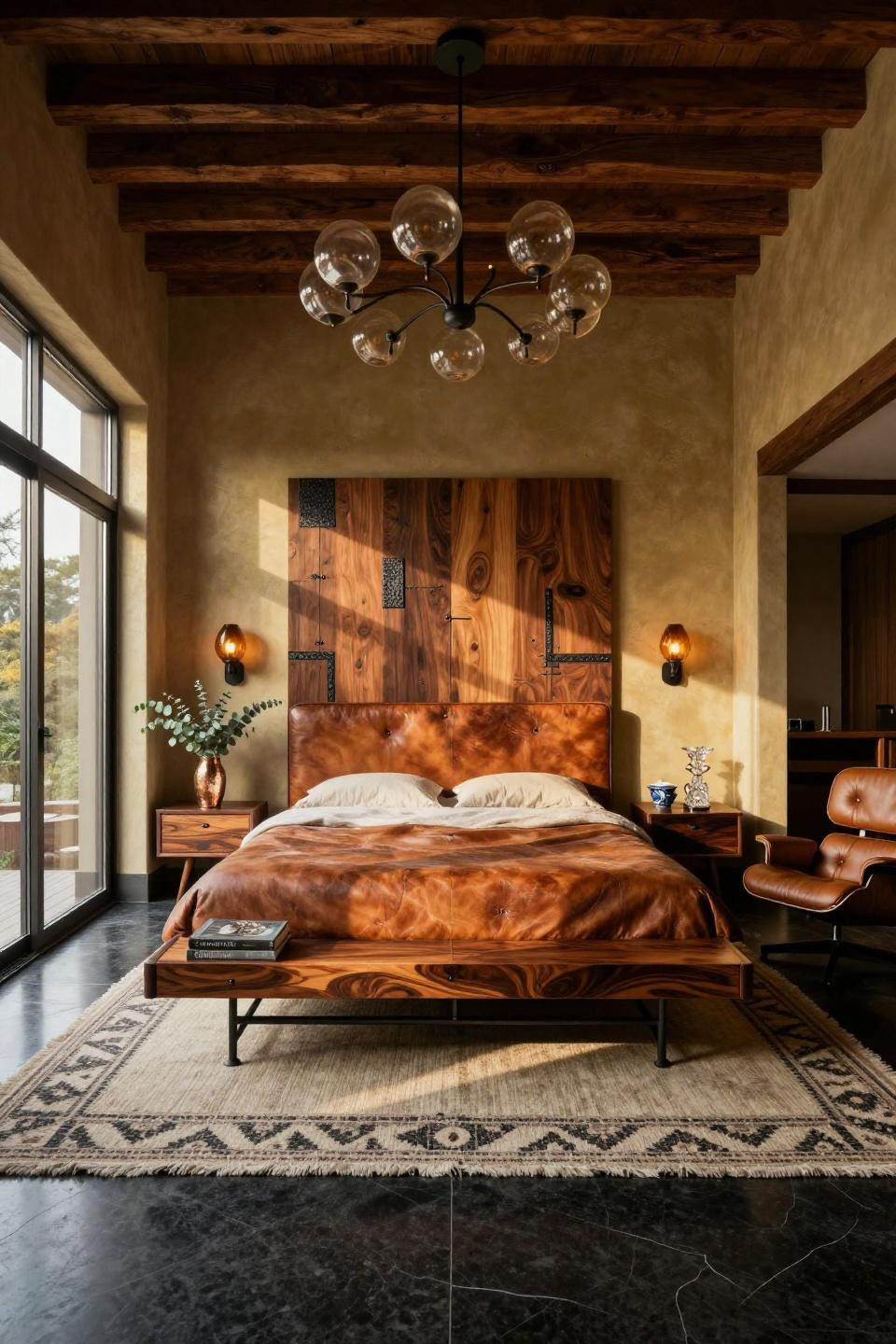 1970s bedroom in Tokyo with custom Brazilian rosewood platform bed and Douglas fir beams
