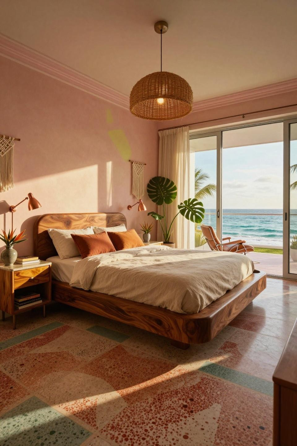 1970s bedroom in Miami beach house with walnut platform bed and terrazzo floors