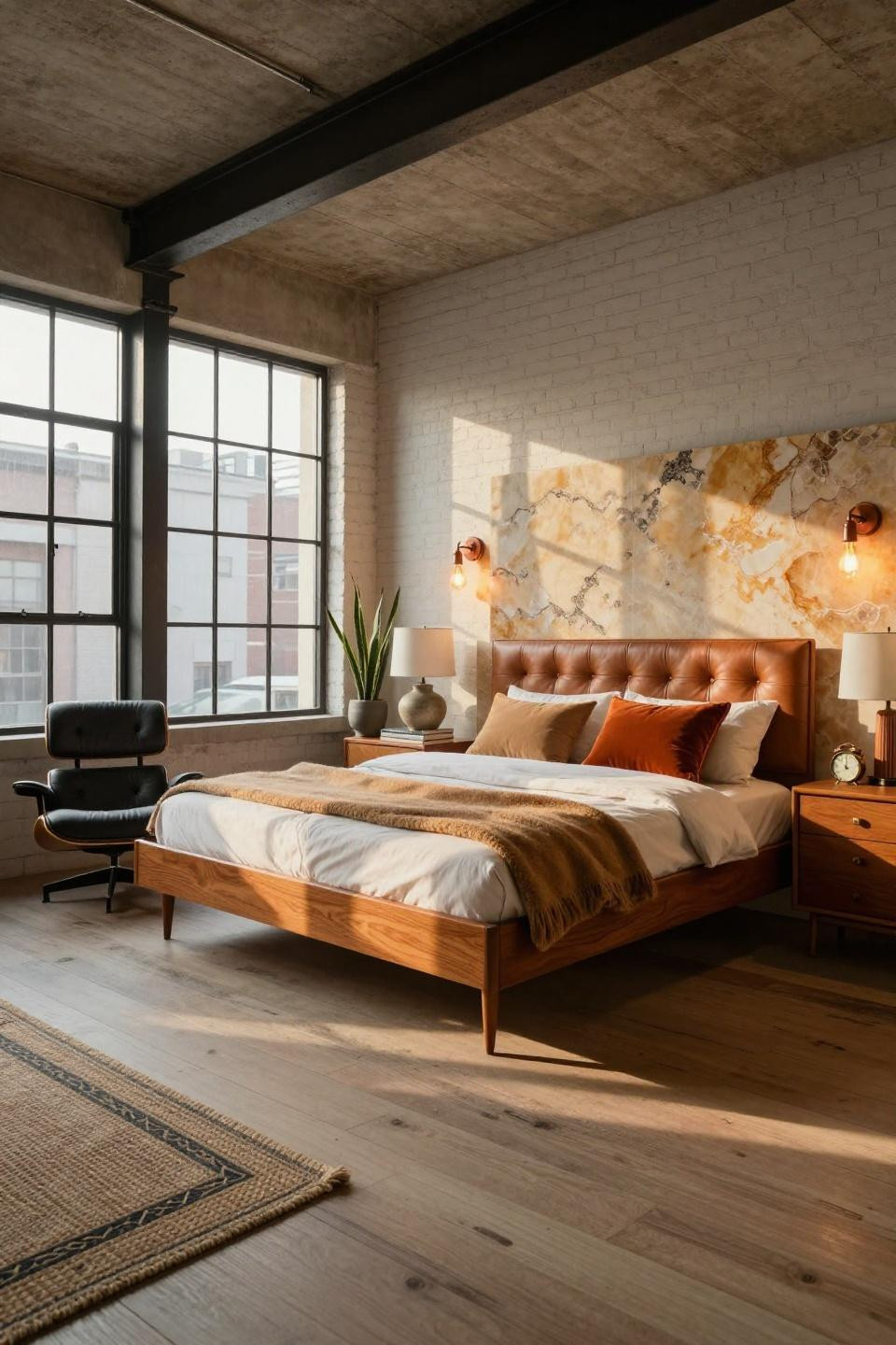 1970s bedroom with Room & Board teak platform bed and quartzite accent wall