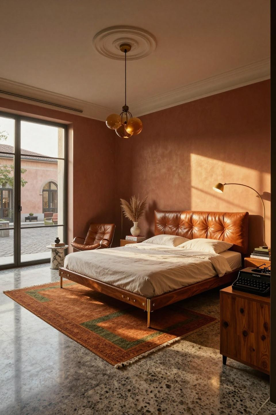 1970s bedroom in Milan villa with Gio Ponti-inspired walnut platform bed