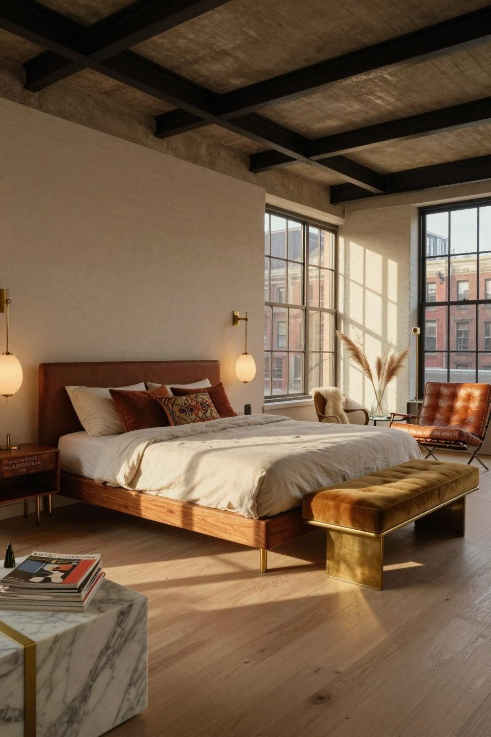 1970s bedroom in Beverly Hills with Herman Miller teak platform bed and Calacatta Gold marble