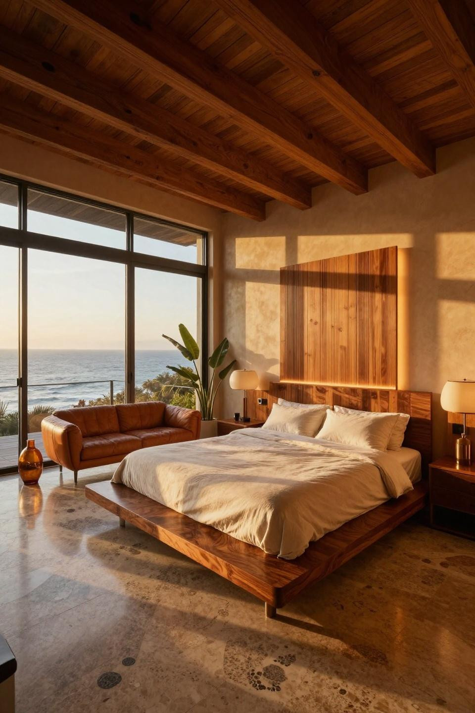 1970s bedroom with custom Brazilian rosewood platform bed and ocean views