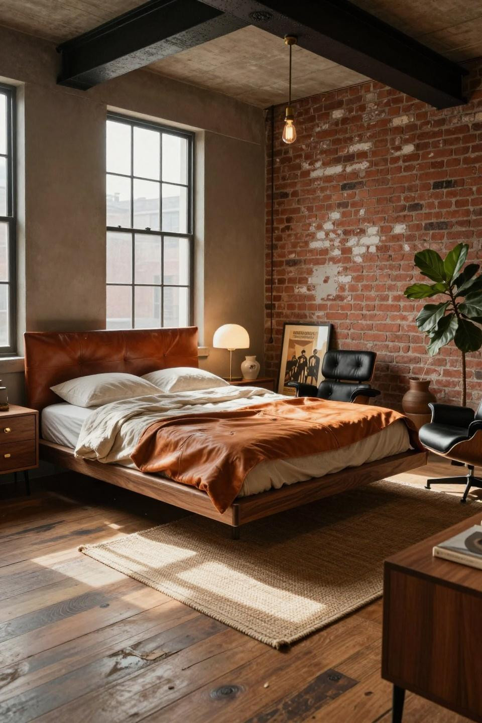 1970s bedroom design with floating walnut platform bed and cognac leather headboard