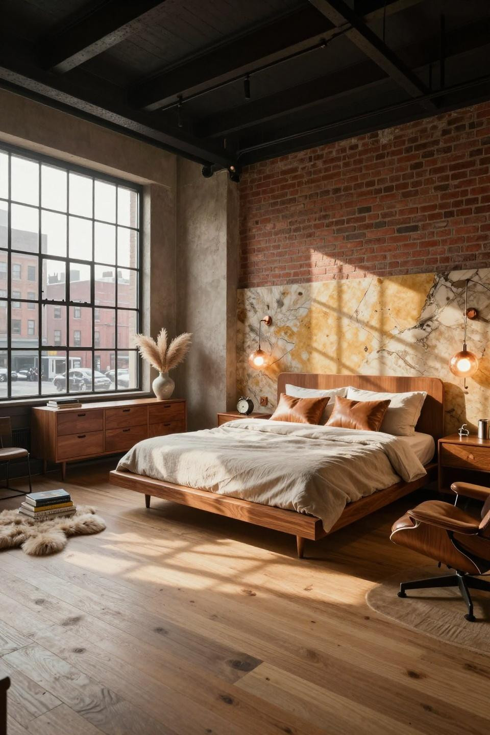 Mid century style bedroom with teak platform bed in Tribeca loft featuring quartzite accent wall