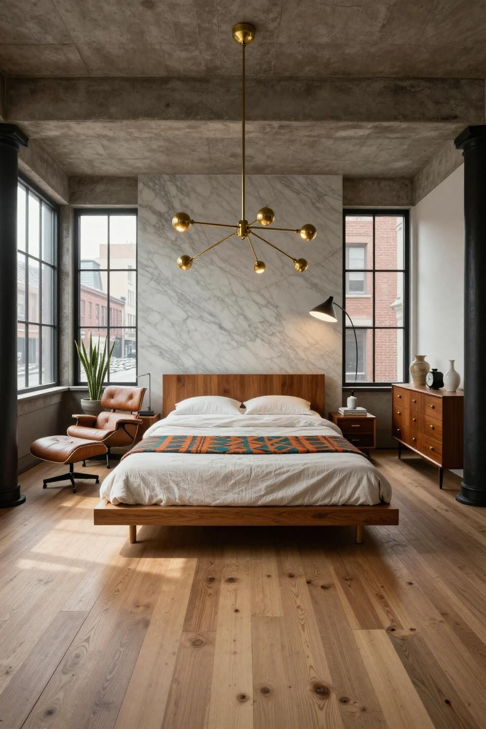 MCM bedroom ideas in Tribeca loft with George Nelson teak platform bed and Sputnik chandelier