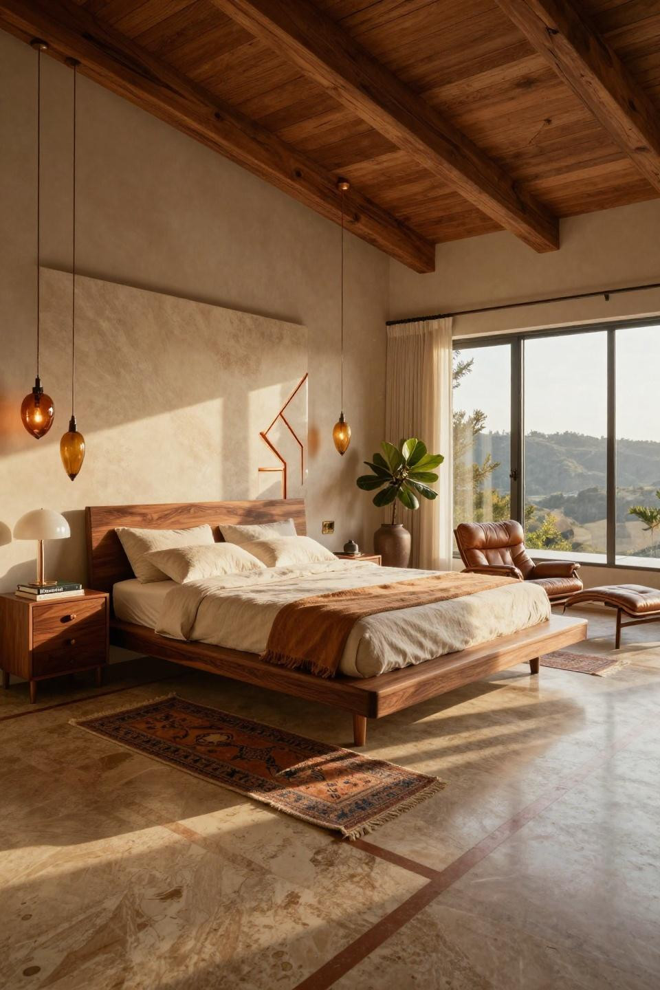 Warm bedroom aesthetic in Beverly Hills with George Nakashima walnut platform bed