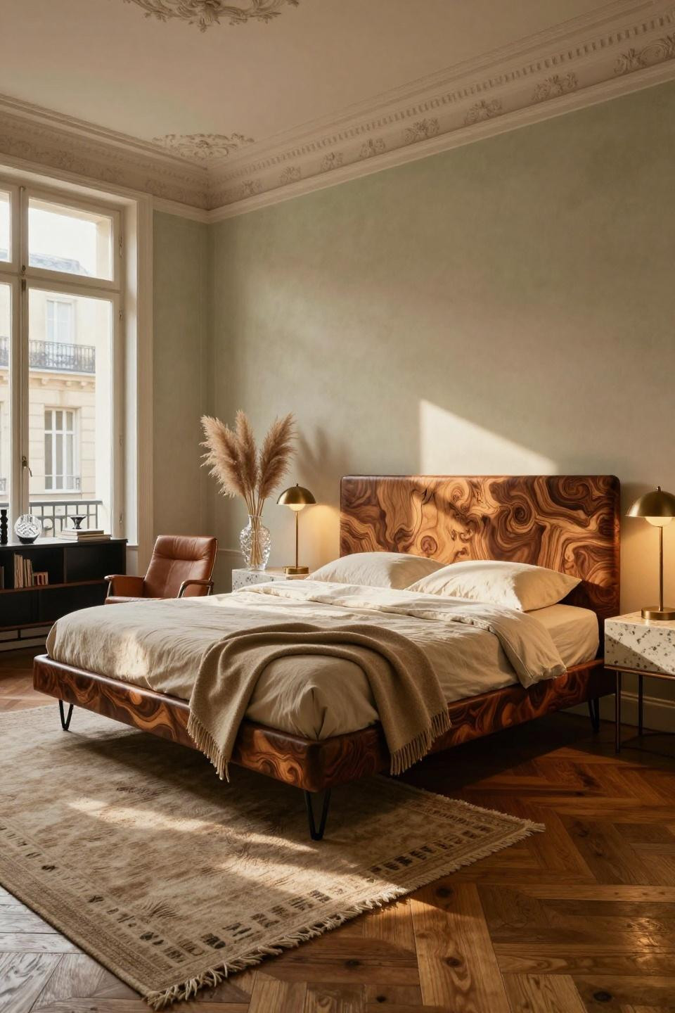 Midcentury bedroom aesthetic in Paris Haussmann apartment with custom Vladimir Kagan bed