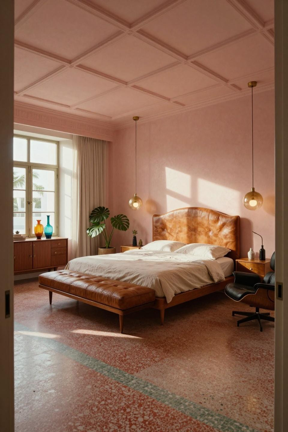 Mid-century modern bedroom in Miami Art Deco villa with teak platform bed and terrazzo floors