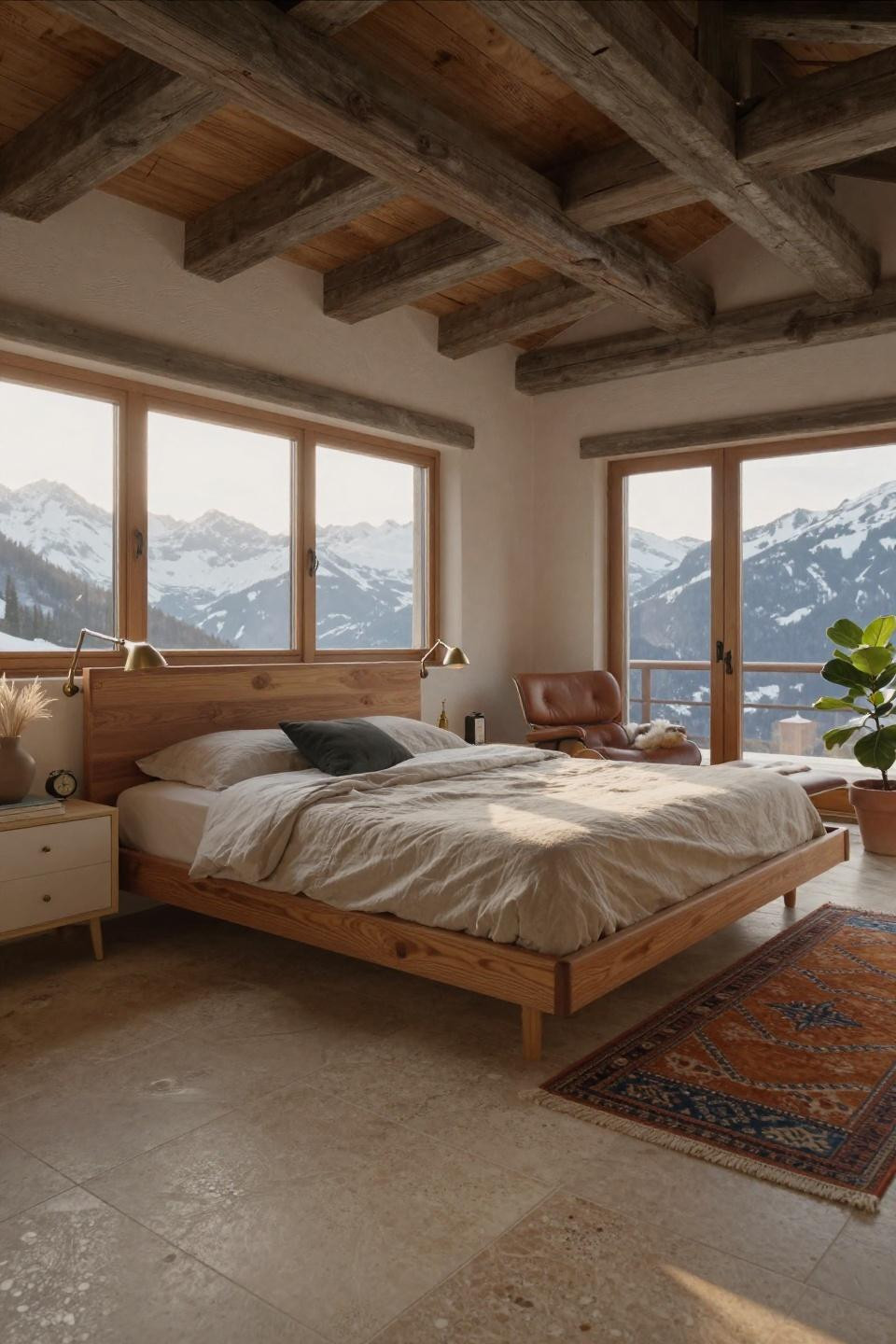 Cozy mid century modern bedroom in Swiss chalet with teak platform bed and mountain views