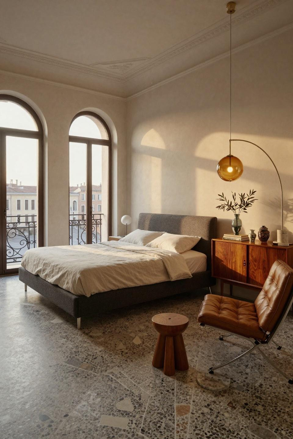 Mid century eclectic bedroom in Milan palazzo with 1950s Arne Vodder credenza