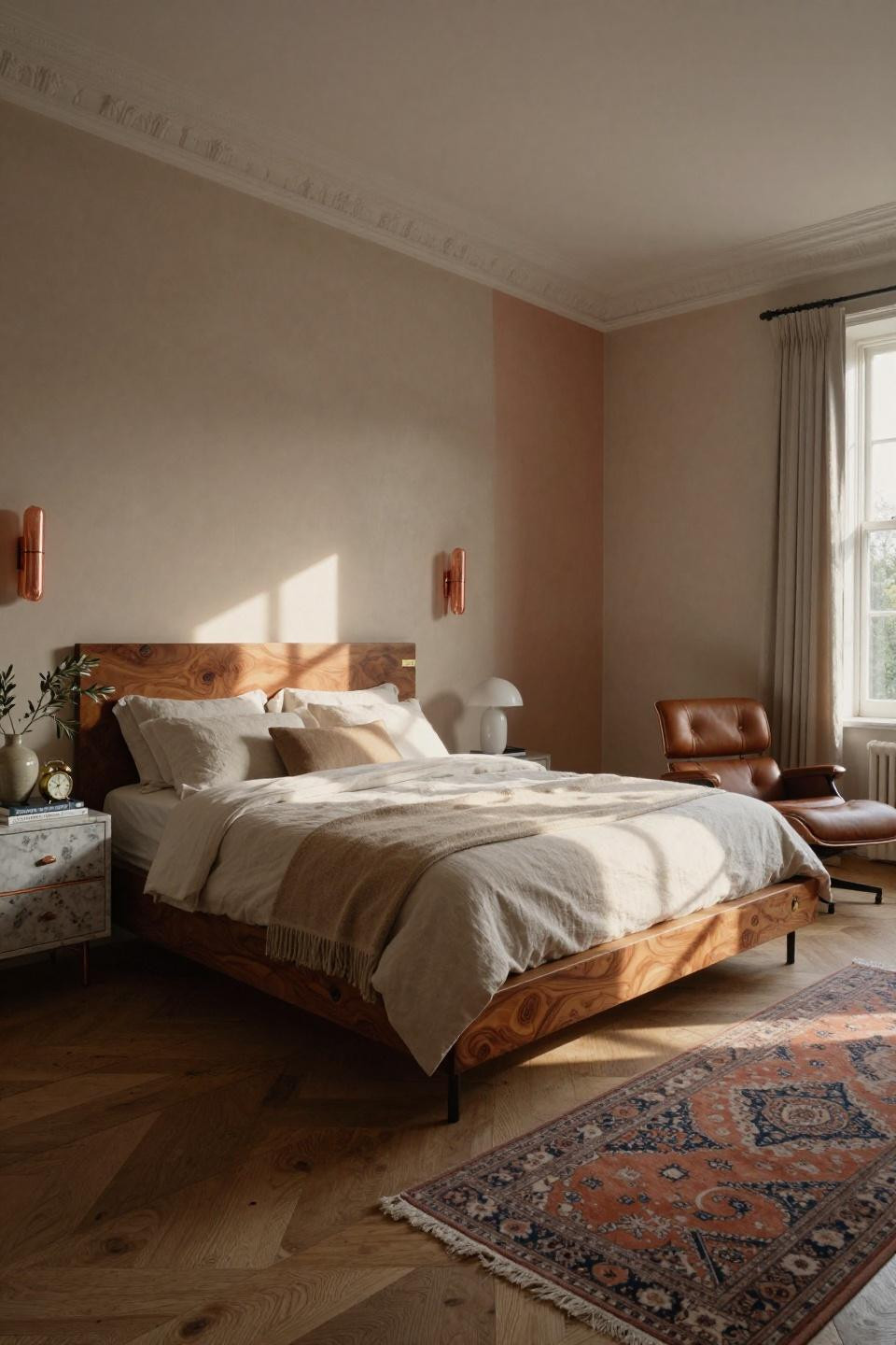 Retro modern bedroom in London Georgian townhouse with teak platform bed and terracotta accent wall